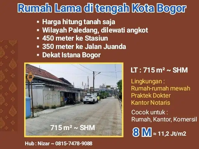 Rumah tua hitung Tanah 715 m2 di Paledang, dekat Istana Bogor