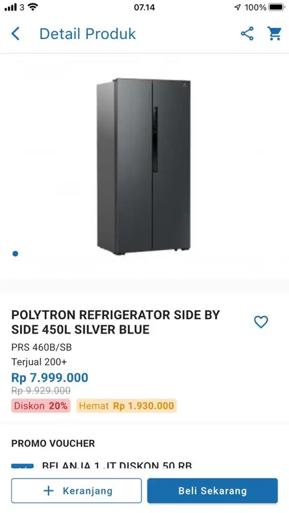 polytron refrigerator side by side 450L silver blue
