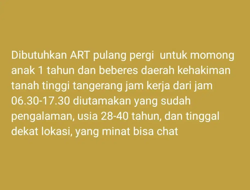 Lowongan ART Momong dan beberes