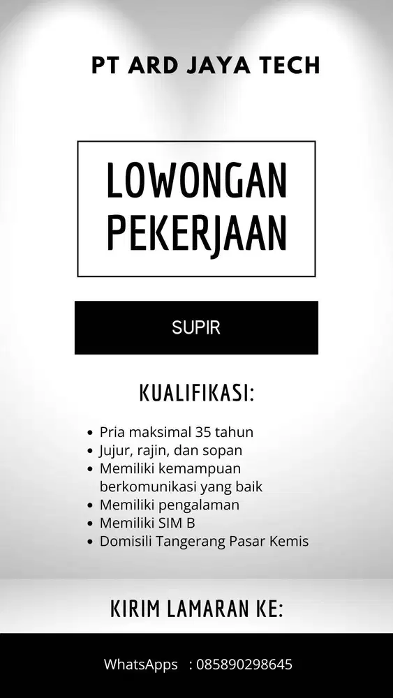 Lowongan kerja posisi DRIVER