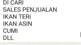 Di butuhkan sales penjualan ikan Teri