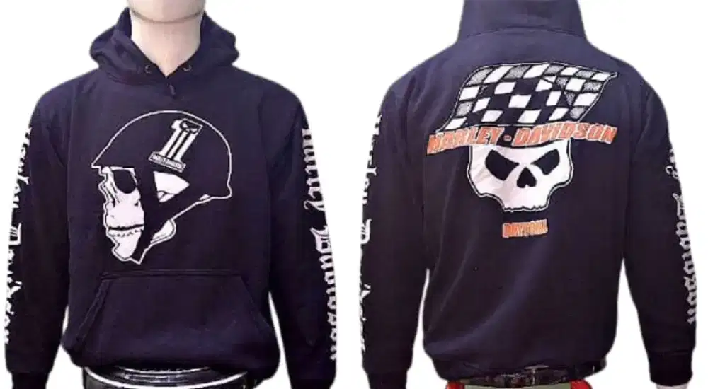Sweater hoodie harley davidson skull dan putih