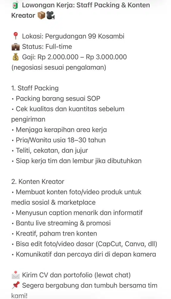 Lowongan Kerja: Staff Packing & Konten Kreator