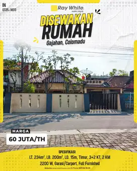 Disewakan Rumah Siap Huni Full Furnished di Gajahan, Colomadu