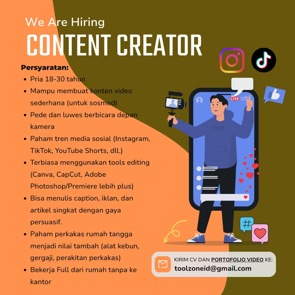 LOWONGAN KERJA PEKERJAAN VIDEO CONTENT CREATOR PRIA PERKAKAS RUMAH WFH