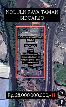 6.8jt/mtr Tanah dan Bangunan Gudang raya taman sidoarjo