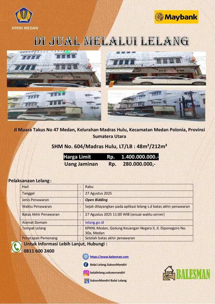 DIJUAL RUMAH MELALUI LELANG WILAYAH MEDAN