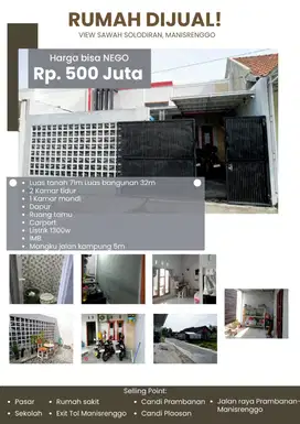 RUMAH COZY SIAP HUNI BONUS VIEW SAWAH SOLODIRAN, MANISRENGGO