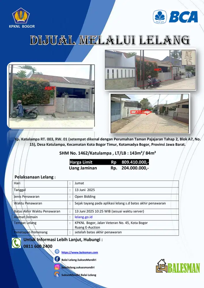 DIJUAL RUMAH MELALUI LELANG WILAYAH BOGOR