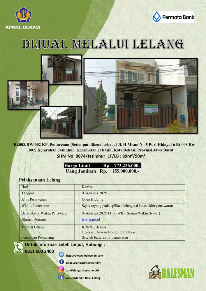 DIJUAL RUMAH MELALUI LELANG WILAYAH BEKASI !!!