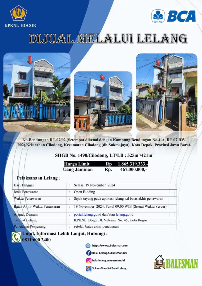 DIJUAL RUMAH MELALUI LELANG WILAYAH JAWA BARAT