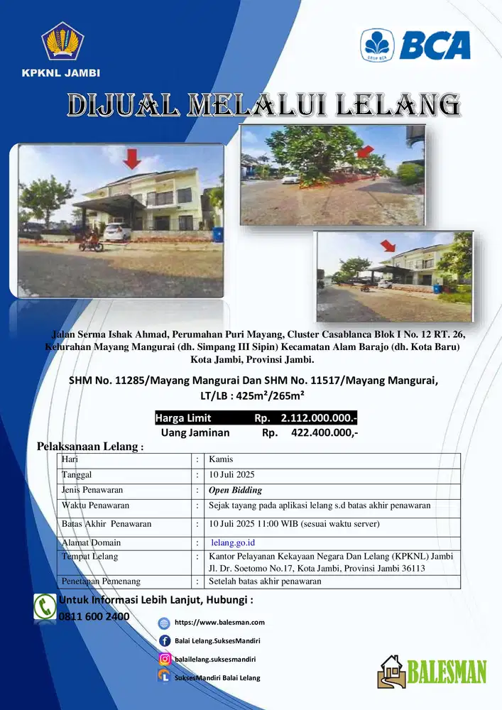 DIJUAL RUMAH MELALUI LELANG WILAYAH JAMBI
