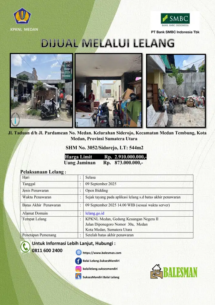 DIJUAL RUMAH MELALUI LELANG WILAYAH SUMATERA UTARA