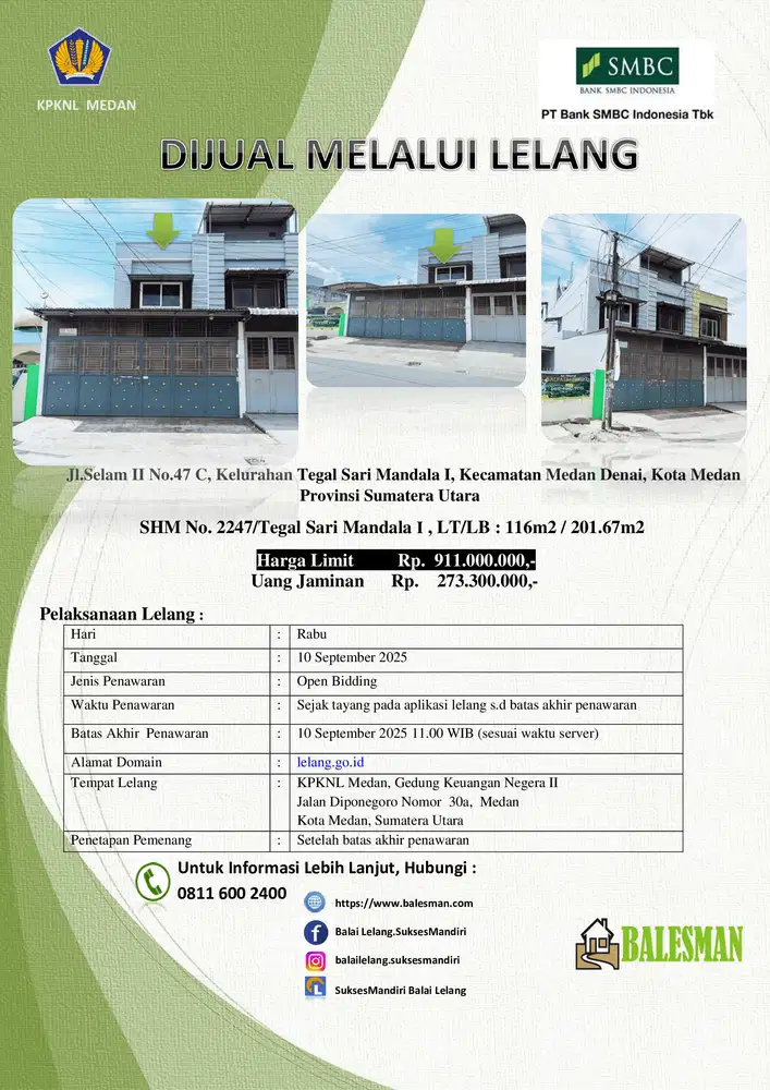 DIJUAL RUMAH MELALUI LELANG WILAYAH SUMATERA UTARA