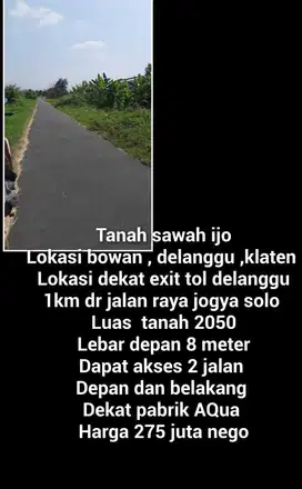 dijual sawah murah di delanggu , 2000 meter, jalan aspal