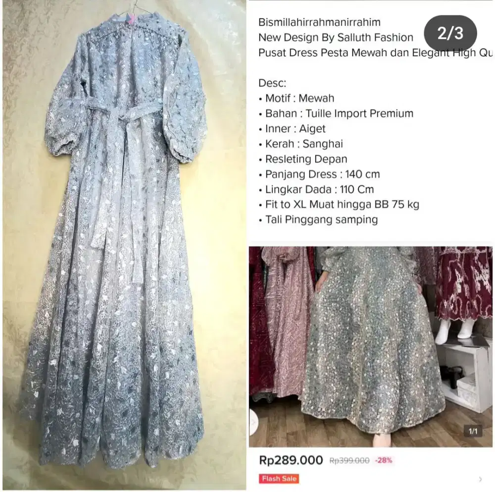 Dress Brukat Premium,100% BARU Mewah. Warna Silver kombinasi soft gold