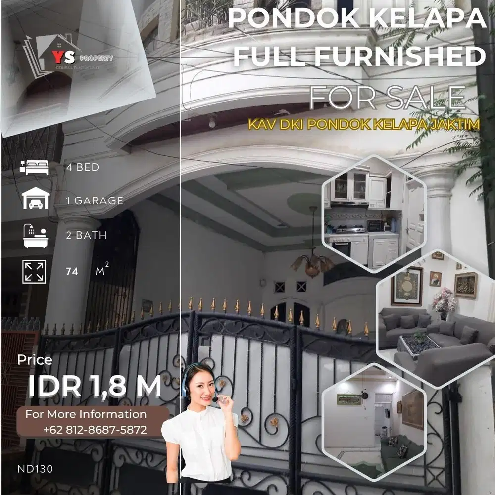 KAV DKI PONDOK KELAPA RUMAH 3 LT JUAL KONDISI FULL FURNISHED ND130