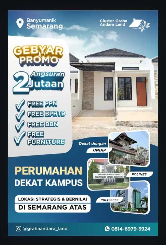 Rumah cluster Full furniture dekat Undip Tembalang, Di Banyumanik