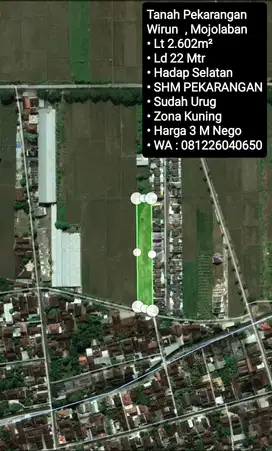 Jual Tanah Zona Kuning Siap Bangun Area Wirun Mojolaban