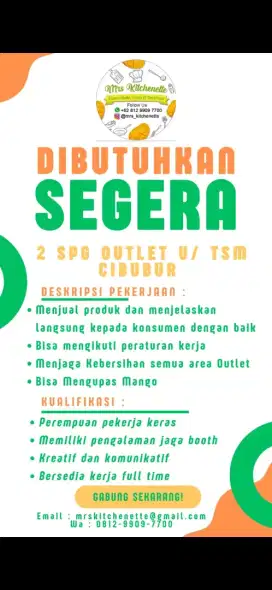 DIBUTUHKAN SEGERA

2 SPG OUTLET U/ TSM CIBUBUR