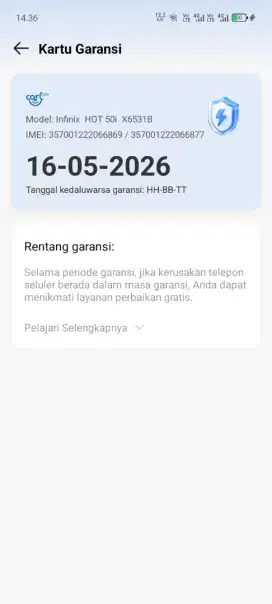 INFINIX HOT 50I 6+6 / 128
GARANSI ON