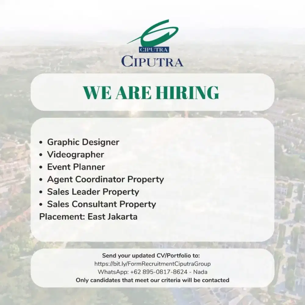 Sales Leader Property,Sales Consultant Property, dan Agent Coordinator