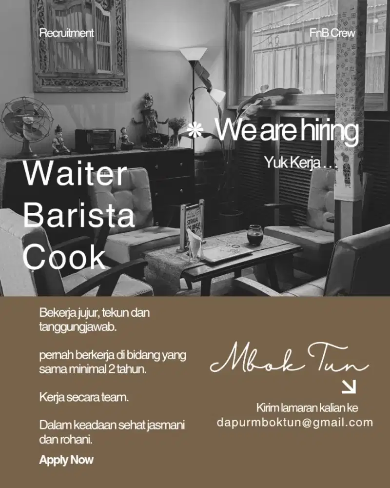 Lowongan Kerja waiter, barista, dan cook