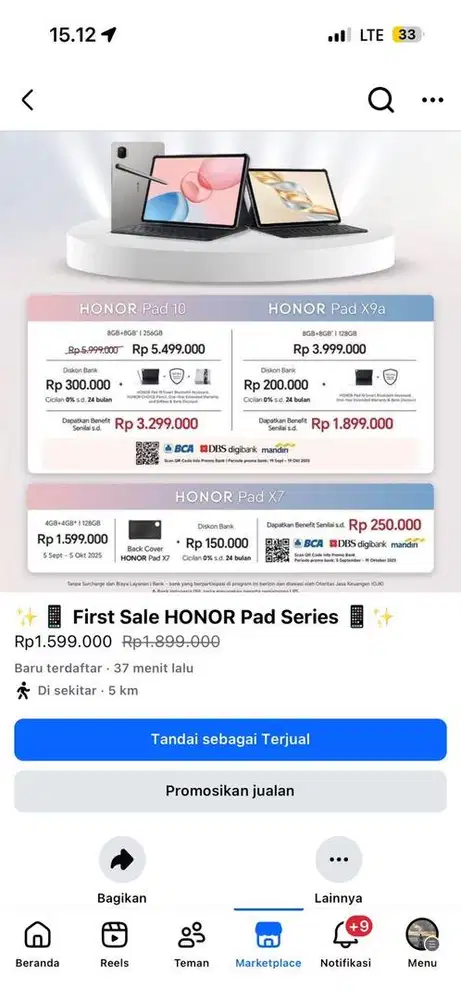 HONOR PAD 10 layar luas 12.1 inci