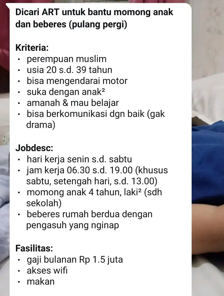Dicari ART untuk bantu momong anak (PP) wil depok rawageni)