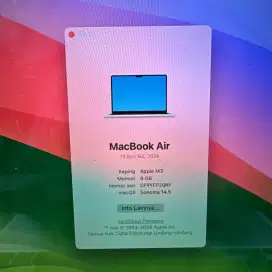 Macbook Air M3 13 inch Ram 8 Ssd 512 Full set Silver buat desain
