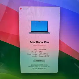 Macbook Pro M3 14 inch Ram 8 Ssd 512 Layar 14 inch Full set Space Grey