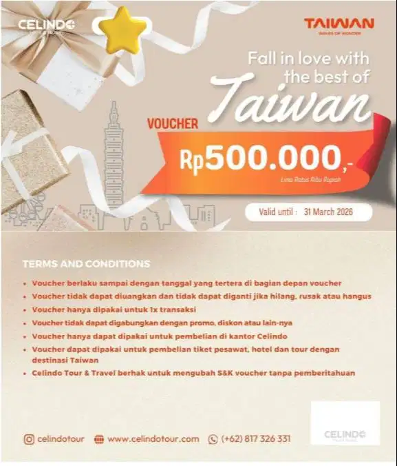Dijual Voucher Destinasi Taiwan (Bisa untuk beli tiket/hotel/tour)