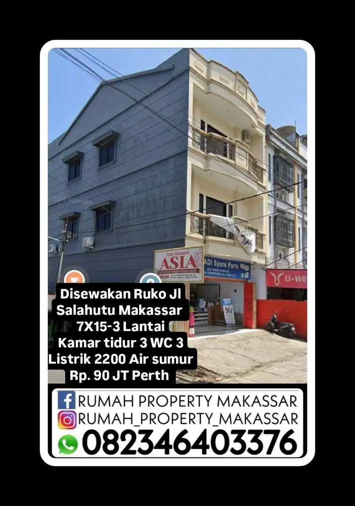 Disewakan Ruko Jl  Salahutu Makassar  7X15-3 Lantai Kamar 3 WC 3