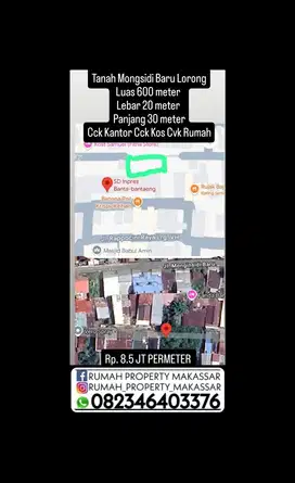 Tanah Mongsidi Baru Lorong Luas 600 meter  Lebar 20 meter  Panjang 30