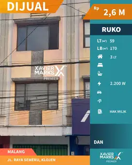 Ruko 3 Lt Strategis Tengah Kota di Poros Jalan Semeru Klojen Malang