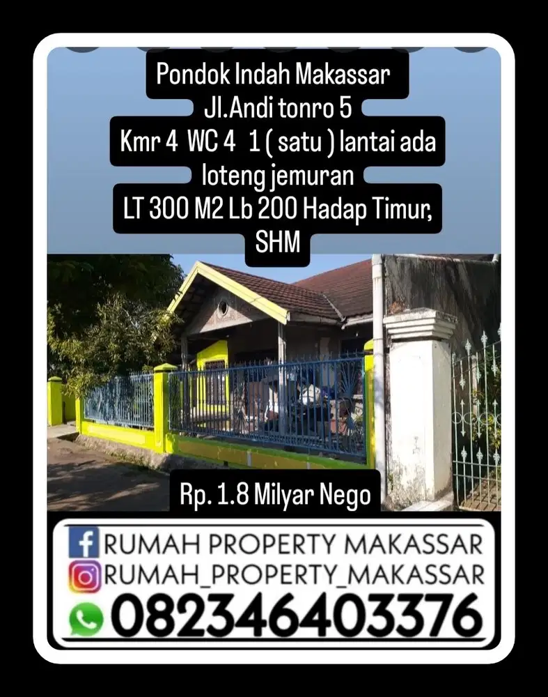 Turun Harga Pondok Indah Makassar Jl.Andi tonro 5 krm 4 WC 4 Shm