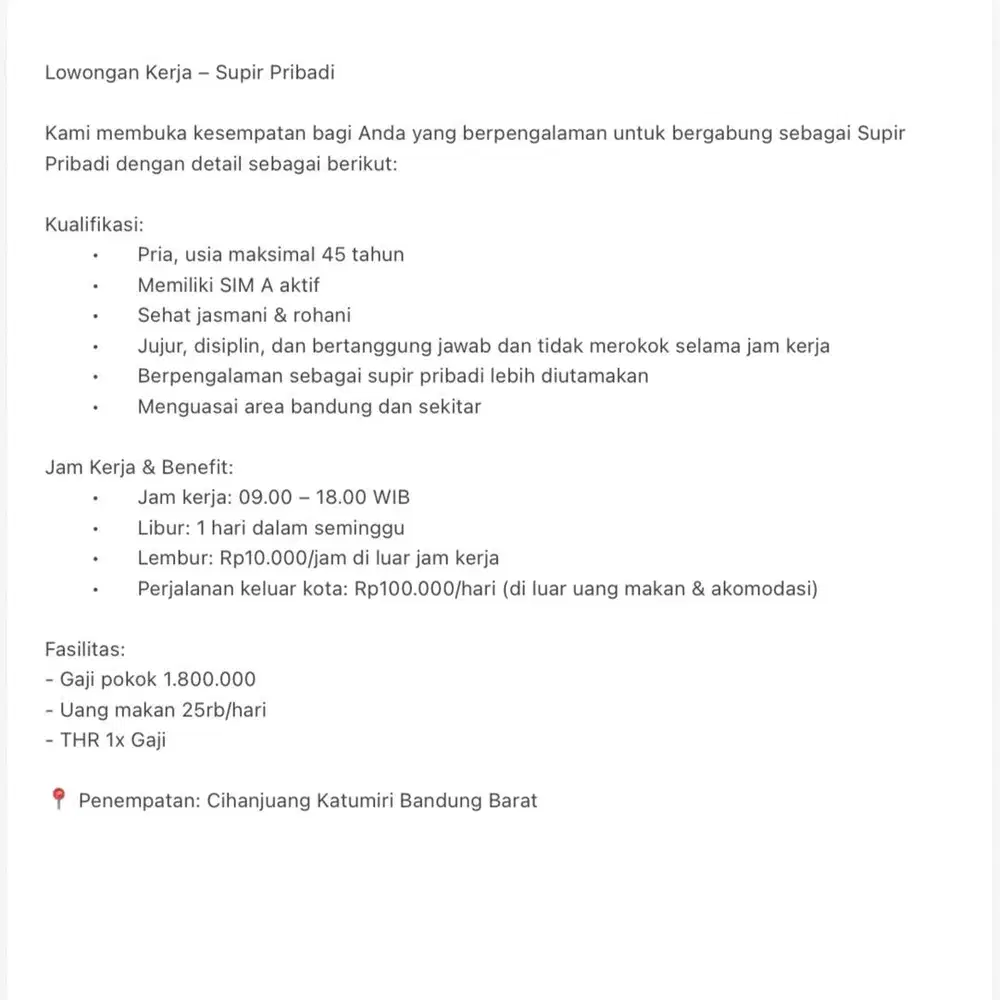 Dibutuhkan Supir Pribadi