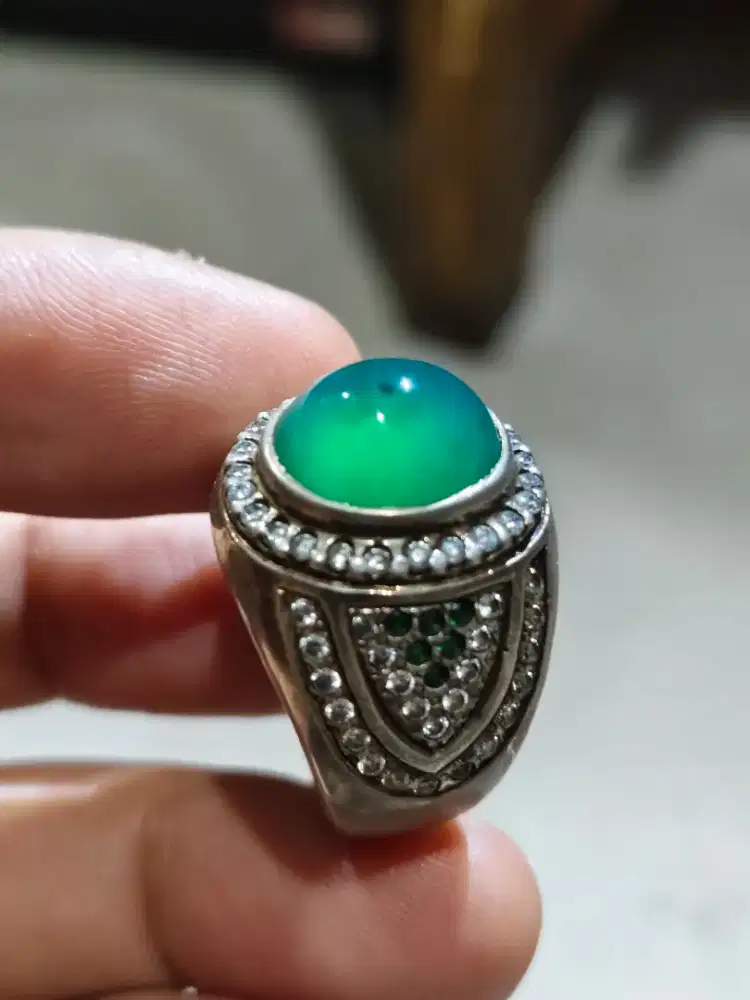 Natural Bacan Doko Hijau Kristal Giwang Ring Perak Sisa Coklat Tipis