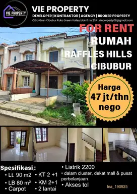 Di Sewakan Rumah Cantik Siap Huni 47Jt Nego. Raffles Hill Cibubur.
