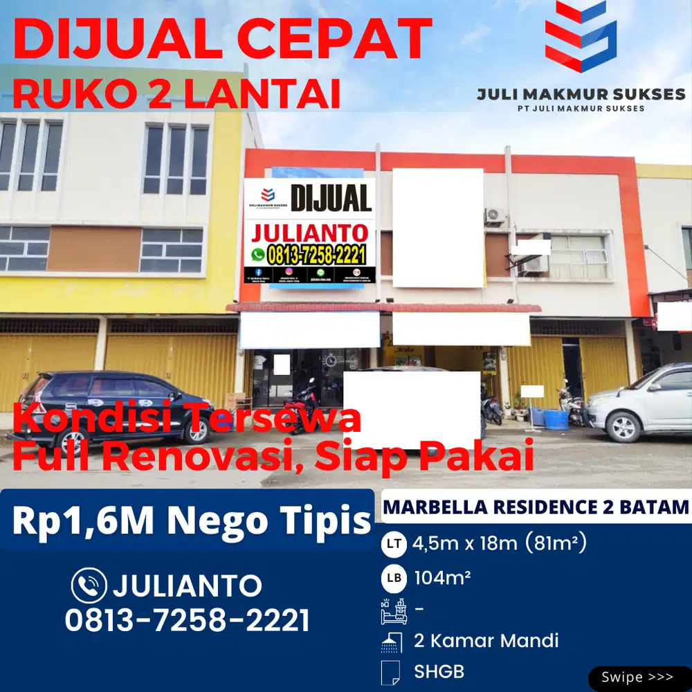 Dijual CEPAT Ruko 2 Lantai Full Renov di Marbella Residence 2 Batam
