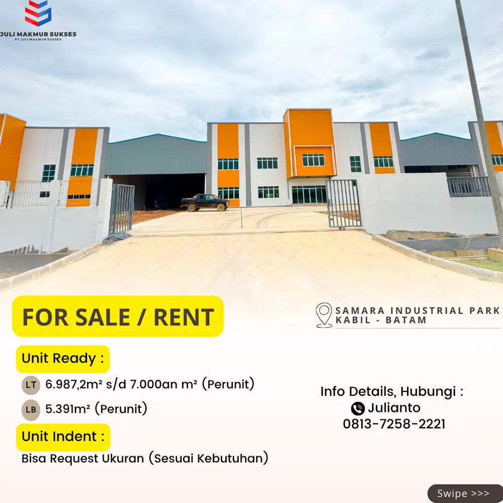 Disewa Unit Gudang Baru 1,5 Lantai di Samara Industrial Park Kabil BTM
