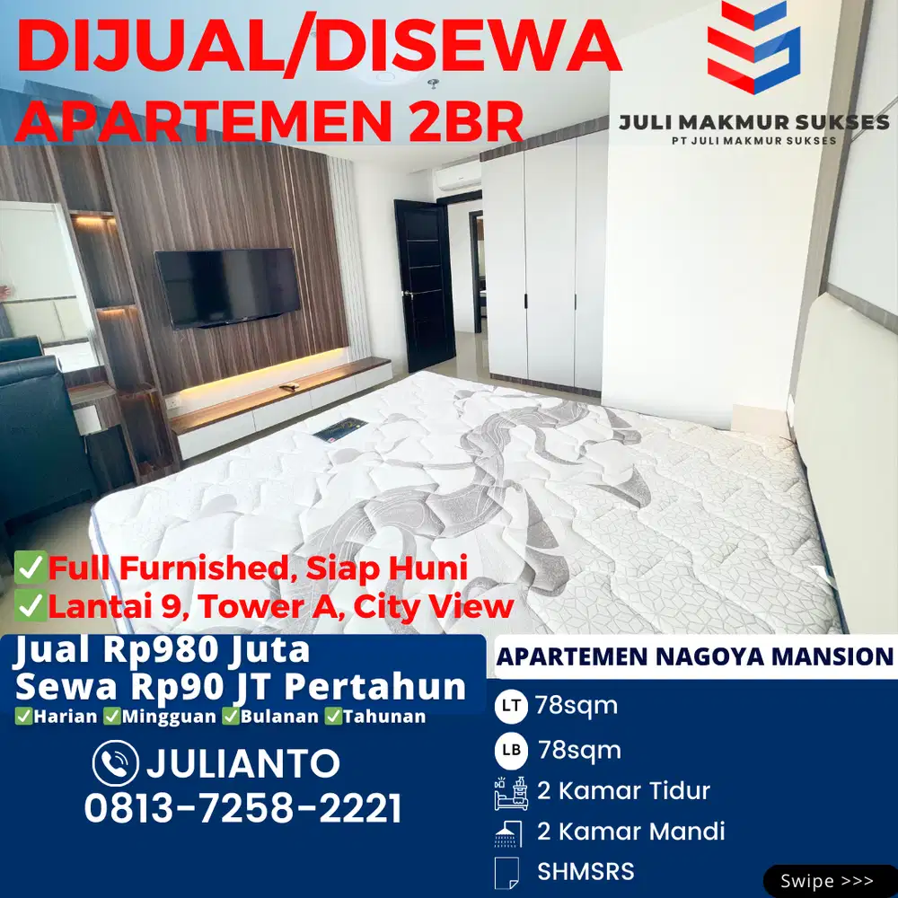 Dijual Apartemen 2BR Full Furnished Siap Huni di Nagoya Mansion Batam