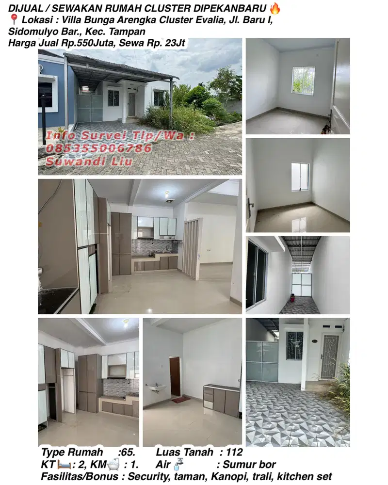 Dijual/sewakan rumah cluster jl.Baru l,sidomulyo bar., Kec.tampan