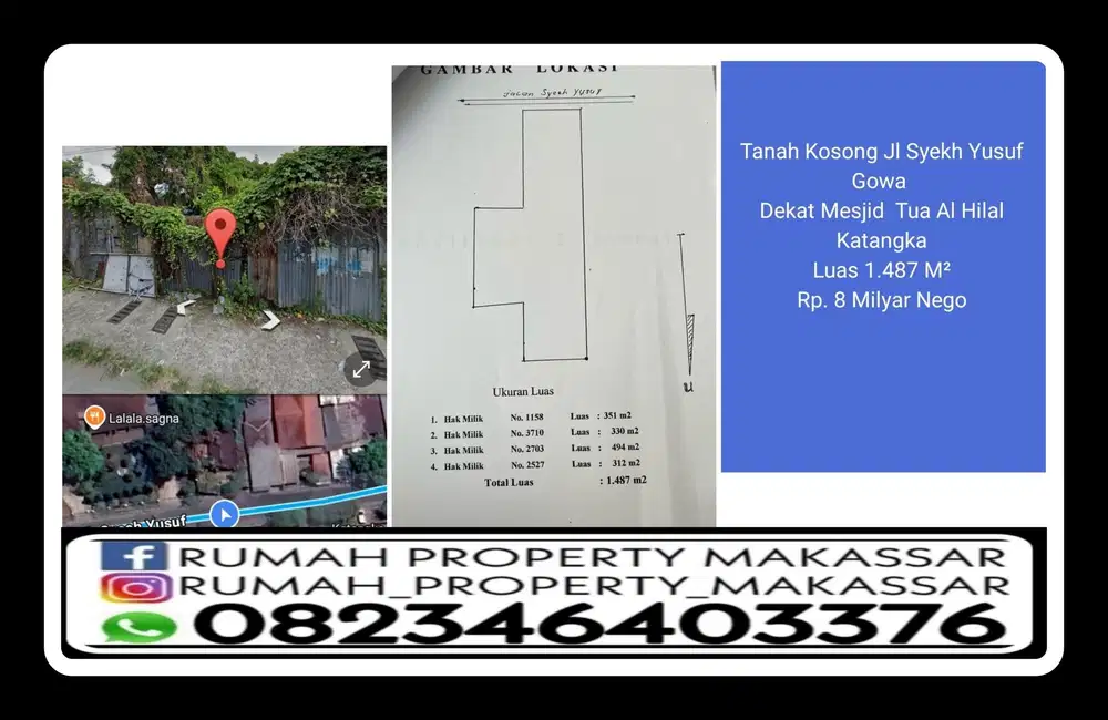 Tanah Jl Syekh Yusuf Gowa Dkt Mesjid  Tua Al Hilal Katangka 1.487 M²