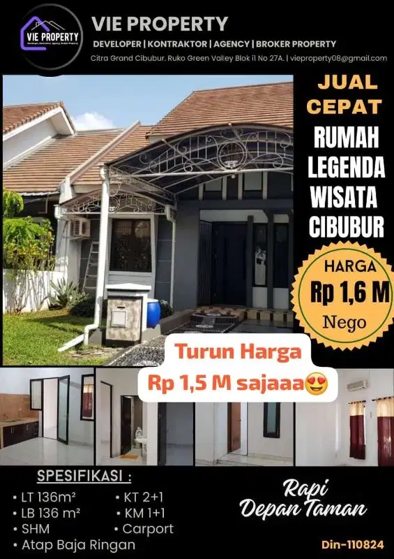 TURUN HARGA! RAPI  SIAP HUNI  RUMAH DI LEGENDA WISATA DEKAT TOL
