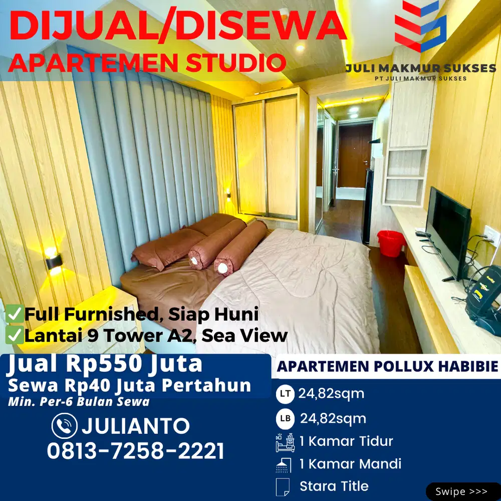 Dijual CEPAT Apartemen Studio Full Furnished di Pollux Habibie Batam