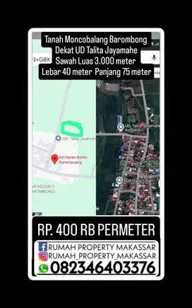Tanah Moncobalang Barombong  Dekat UD Talita Jayamahe Sawah Luas 3.000