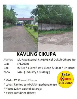 Dijual Kavling Industri di Area Cikupa
