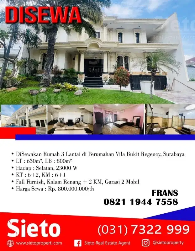 DiSewakan Rumah 3 Lantai di Perumahan Vila Bukit Regency, Surabaya