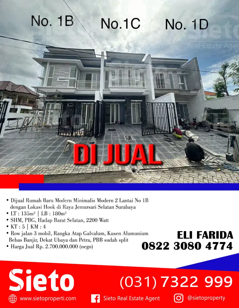 Dijual Modern 2 Lantai No 1B dengan Lokasi Hook di Jemursari